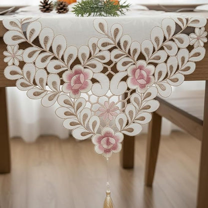 Classic Flowers Dining Table Runner Embroidery Tassel Floral Lace Table Runners - Image 3