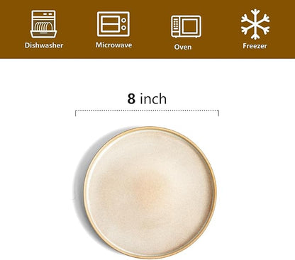 vicrays Ceramic Salad Plates Set - Porcelain 8 Inch Flat Dessert Appetizer Plate for Lunch Home Party Restaurant - Scratch Resistant Microwave Oven and Dishwasher Safe - Set of 6 (Beige)
