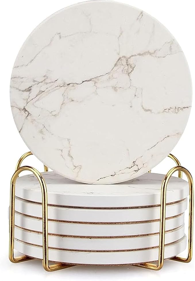 White Marble Coasters Set of 6 Absorbent Ceramic Cute Drink Coaster Holder | by Deceram