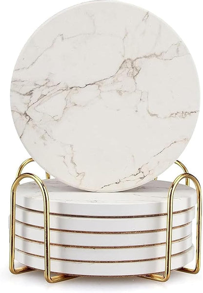 White Marble Coasters Set of 6 Absorbent Ceramic Cute Drink Coaster Holder | by Deceram