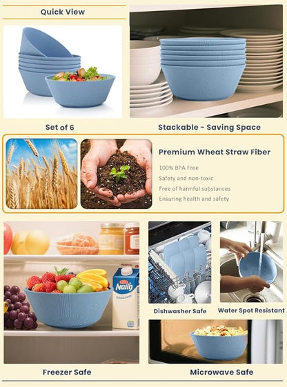 Homienly Wheat Straw Bowls 36 Oz Set of 6 - Unbreakable Microwave Safe Soup Bowls & Cereal Bowl, Reusable Plastic Bowls for Kitchen, Dining, Camping, Party, Dishwasher Safe Ramen Bowl (Sky Blue)
