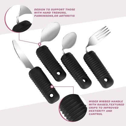 Adaptive Utensils,Easy Grip Silverware,Built Up Bendable Fork,Teaspoon,Tablespoon and Knife for Elderly,Hand Tremors,Arthritis and Parkinson's Patients,4 Piece Set