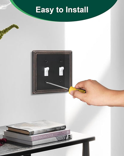 2-Pack Double Toggle Light Switch Cover Plate, Pearls Decorative Dual Switch Plate Covers, Aged Bronze 2 Gang Metal Wall Plate, Corrosion Resistant