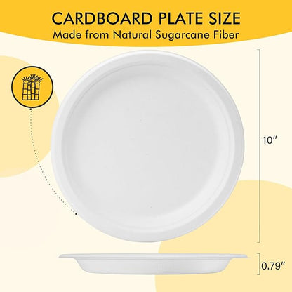RACETOP Compostable Paper Plates 10 Inch [150 Pack], Disposable Biodegradable Heavy Duty Paper Plates, Made of Natural Sugarcane Fibers, Unbleached White, Round