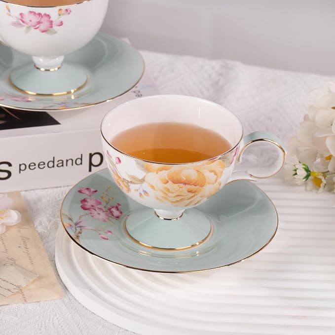 KAMMAK Tea Cups Set of 2, Ceramic Floral Pattern Demitasse Cup | Porcelain - Image 7