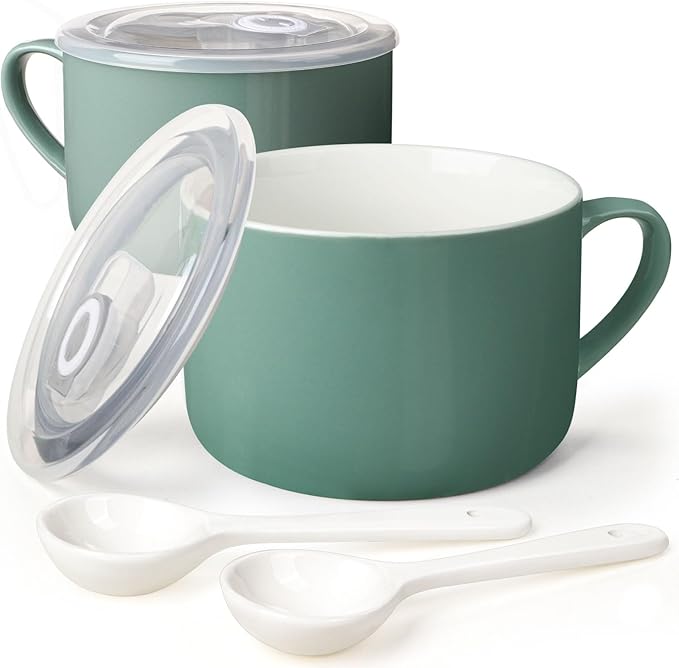 Soup Bowls with Handles & Spoons, 30oz Ceramic Ramen Bowl with Lid, Large Soup by Wareland