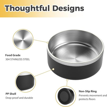 Stainless Steel Dog Bowls - Metal Dog Dish for Large Dogs, Insulated, Non Slip, Easy to Clean, 40oz, Black