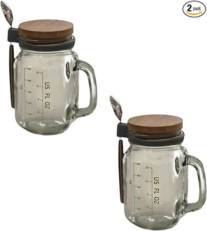Kaya Commodities Modern Minimalist Overnight Oats Jars (2 Pack, 16 oz, BPA Free, Glass & Bamboo, Leakproof, Microwave & Freezer Safe)