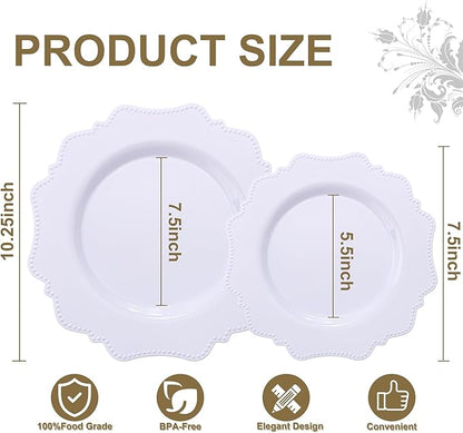 COLOSUS 100 pcs White Plastic Plates Set,Fancy Beaded Plates-European Retro plates include 50 dinner plates and 50 dessert plates,Plastic Disposable plates for BBQ and Party