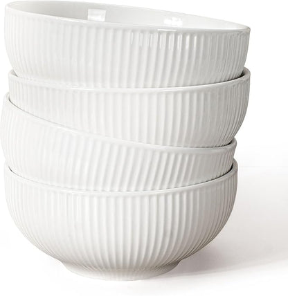Artena Ceramic Cereal Bowls 26 oz, Embossment Soup Bowls Set of 4, White Salad Bowl for Kitchen, Dinner, Breakfast, Oatmeal, Rice, Pasta, Dishwasher Microwave Safe Bowls (Stripes)