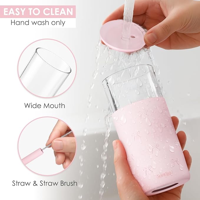 SANDJEST Glass Tumbler with Straw and Lid, Bow Glass Water Bottle with Silicone - Image 3