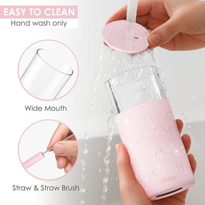 SANDJEST Glass Tumbler with Straw and Lid, Bow Glass Water Bottle with Silicone - Image 3