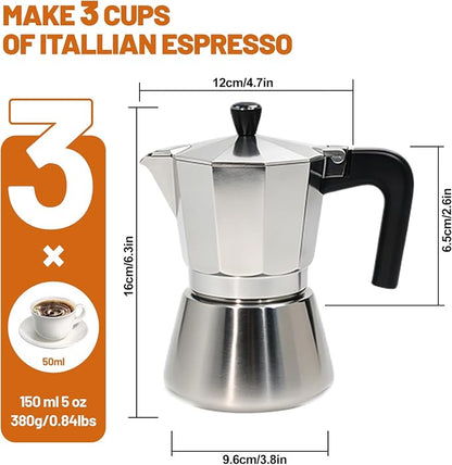 3 Cup Aluminum and Stainless Steel Moka Pot Espresso Stovetop Coffee | Maker - Image 2