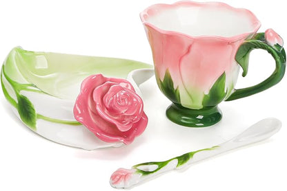 Cididu Pink Tea Cups with Saucer and Spoon, 4.5 Oz Small Ceramic Rose Flower - Image 3