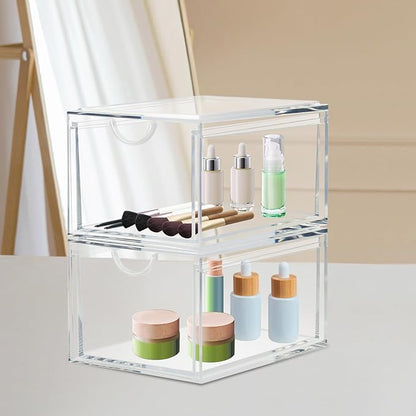 2 Pack Stackable Cosmetic Organizer Drawers, Clear Acrylic Makeup Storage Organizer Box, Plastic Storage Bins Vanity Container for Bathroom Countertop, Bedroom Dresser, Kitchen Cabinets