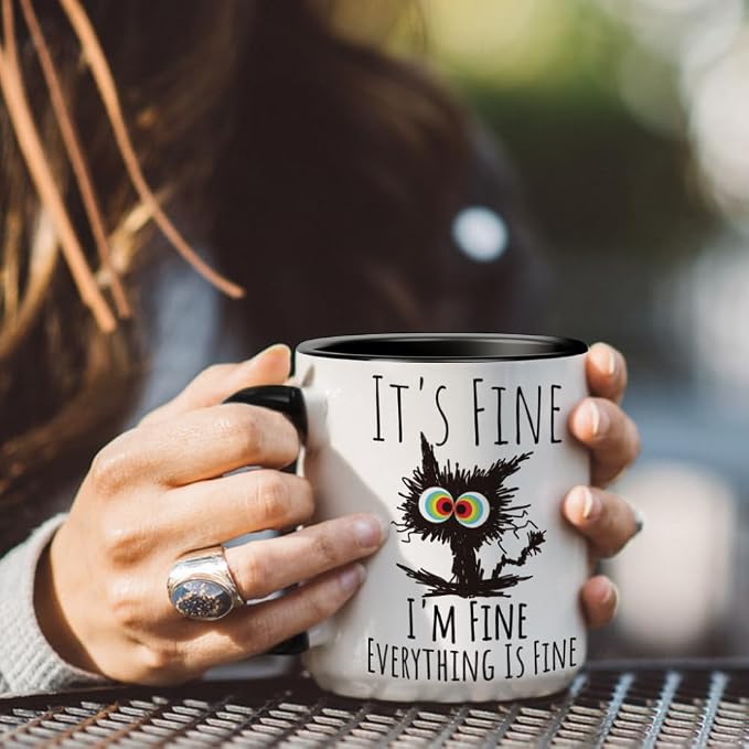 FALJIOK I'm Fine Everything is Fine Coffee Mug 11oz Funny Sarcastic Cat Mug - Image 2