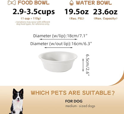 Ceramic 7.1inch Set of 2 Dog Bowls for Medium Dogs, 2pcs Basic 2.5 Cup Food or 24 oz Water Dishes for Replacement, Wide Opening Rounded Edge(2 Bowls, Matt White)