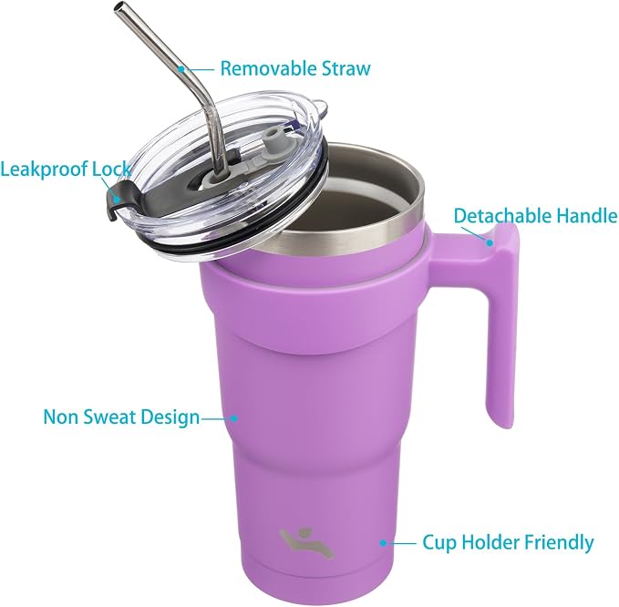 Konokyo 20 oz Tumbler with Handle and Straw, Insulated Travel Mug | Lavender; - Image 2