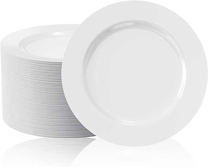 FOCUSLINE 100 Count White Plastic Plates 10 Inch, Disposable Heavy Duty Dinner by FOCUSLINE