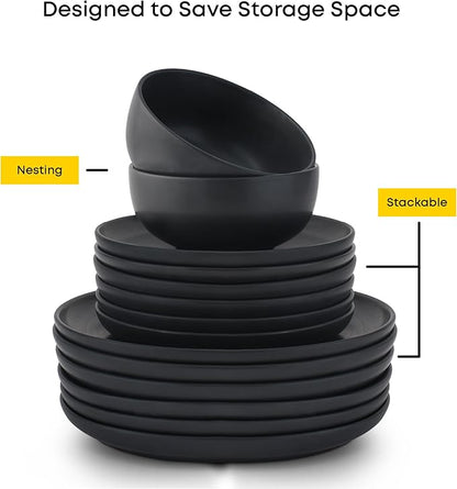 JoyJolt Mesa Stoneware Dinner Plates Set of 6, 10.5" Dish Set, Dishwasher and Microwave Safe Plate Set, Modern Rustic Dinnerware, Kitchen Serving Dishes - Matte Black