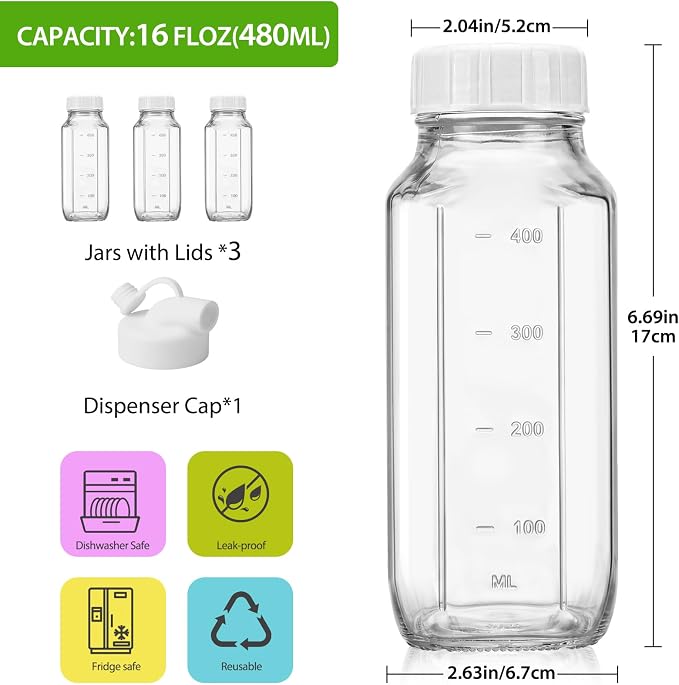 CUCUMI 3 Pack 16 Oz Glass Milk Container - Image 3