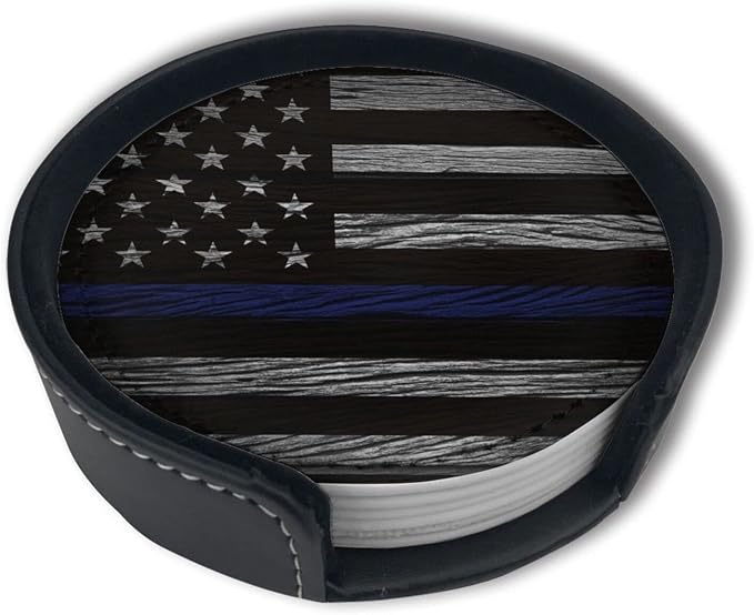 Thin Blue Line Leather Drinks Coasters by YISHOW