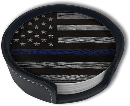 Thin Blue Line Leather Drinks Coasters by YISHOW