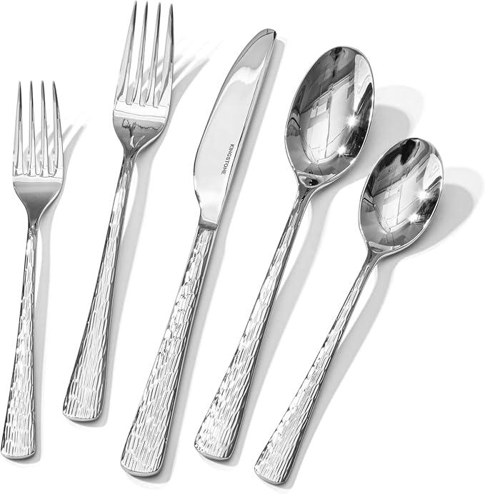 Silverware Set for 6, 30 Piece Flatware Set, 18/10 Stainless Steel | Hammered by KINGSTONE