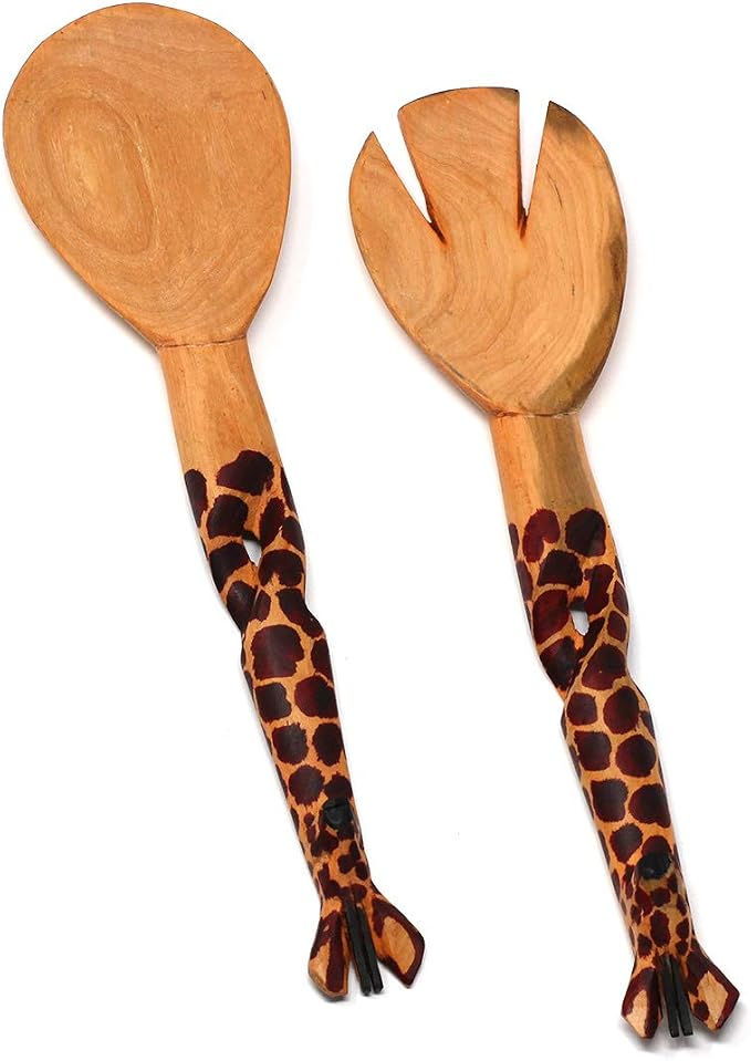 Hand-Carved Giraffe Salad Serving Set - Image 2
