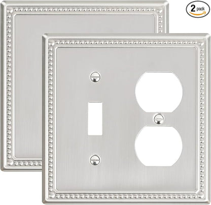 2-Pack Combo Toggle/Duplex Light Switch Cover Plate, Brushed Nickel Metal Wall Outlet Cover, Decorative Classic Beaded Wall Plate