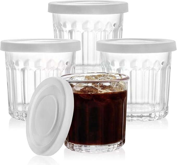Working Glass Cups with Lids Set of 4, 13.5oz Thick Glass Tumblers | Classic by Unknown