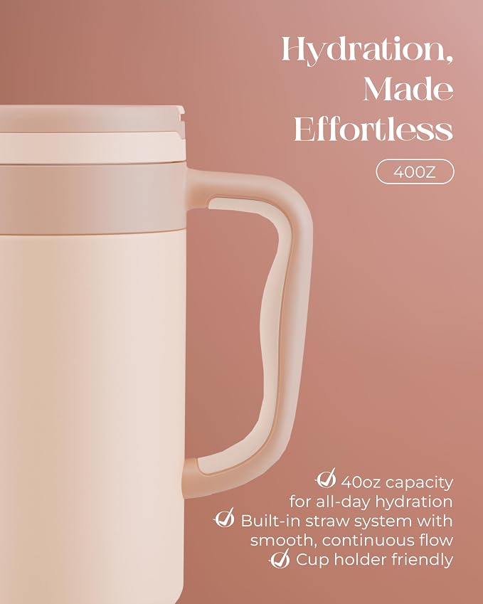40 oz Insulated Tumbler with Handle and Push-Button Straw Lid, Stainless Steel - Image 5
