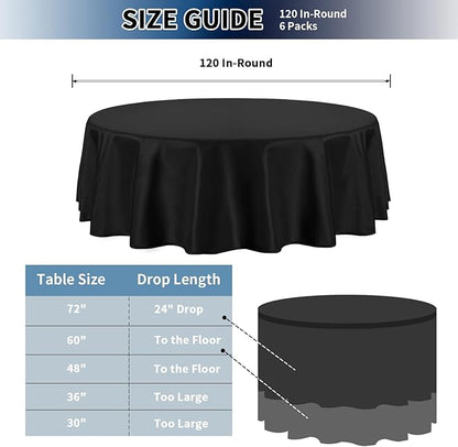 PureFit 6 Pack Round Black Table Cloths 120 Inch for Round Tables, Stain and Wrinkle Resistant Table Linens for Home Use, Wedding, Party, Banquet and Camping