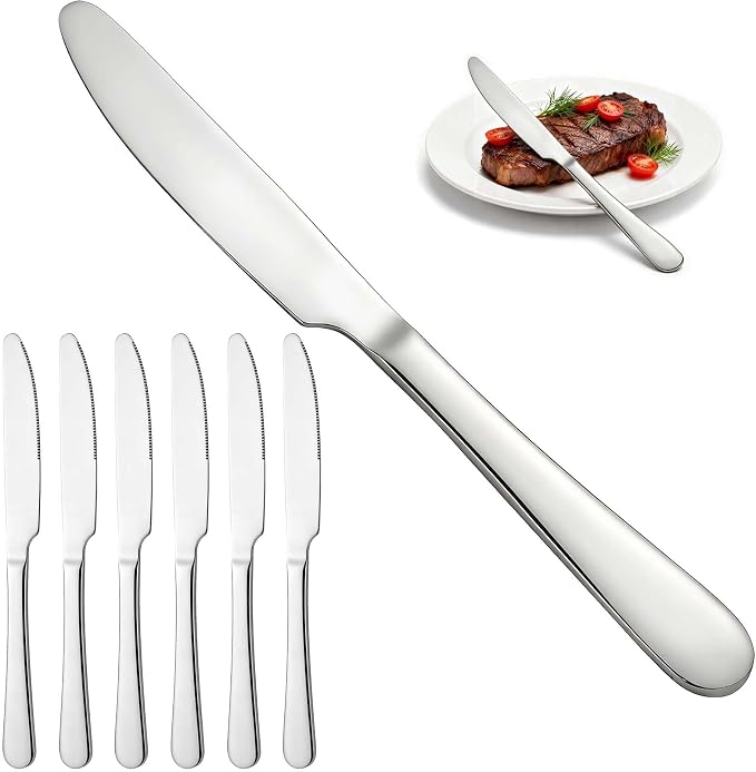 6 Piece Stainless Steel Dinner Knives Set, 9 Inch | Mirror Polished Blade by Flying+Leaves