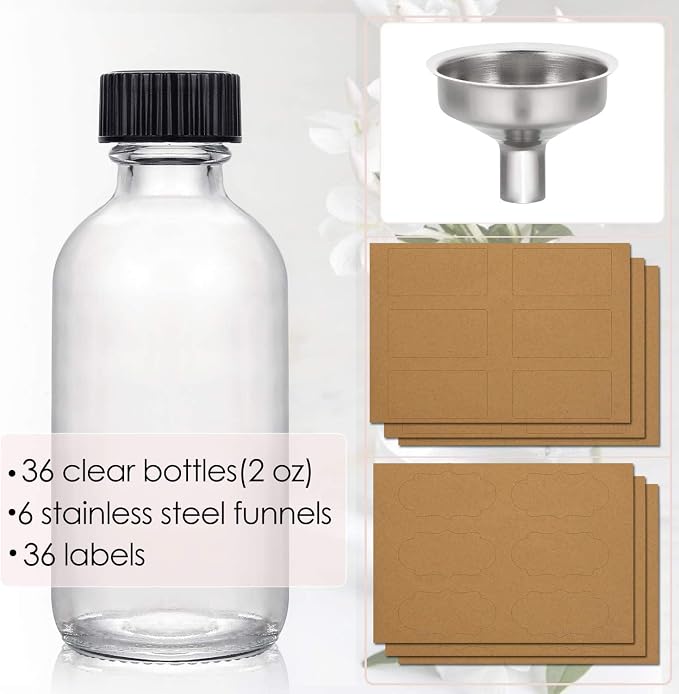 36 Pack, 2 oz Small Clear Glass Bottles w/Lid & 6 Stainless Steel Funnels - - Image 2