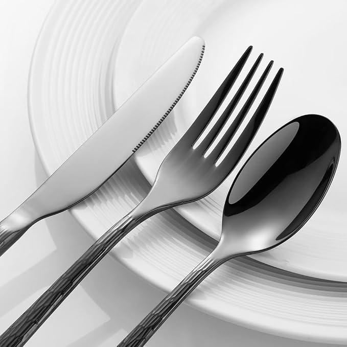 Hammered Black Silverware Set, Flatware Set, 18/10 Stainless Steel Premium - Image 4