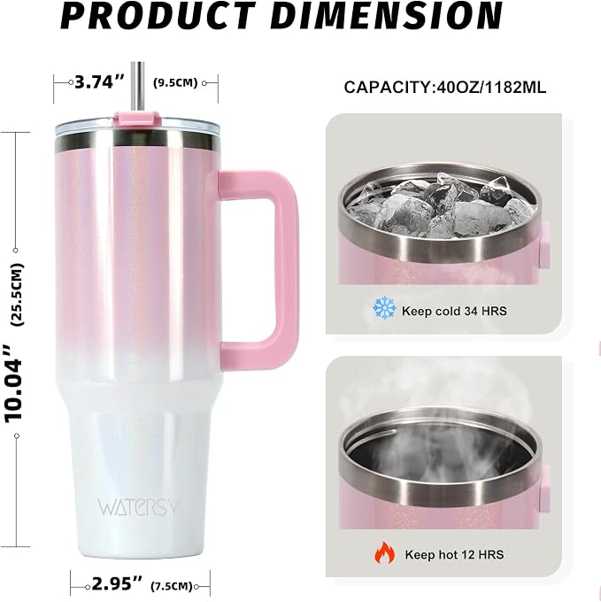 40 oz Shiny Tumbler with Handle and Straw, Stainless Steel Tumbler with Lid and - Image 3
