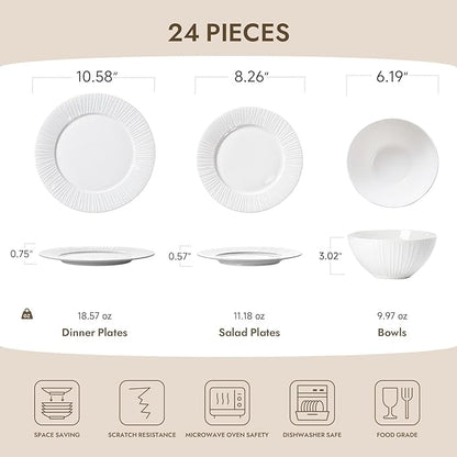 KINGSTONE Bone China Dinnerware Set, 24-Piece White Lightweight Porcelain with Textured Design Service for 8, Plates, Bowls, for Family Dining, Restaurants, Gifting，Microwave and Dishwasher Safe