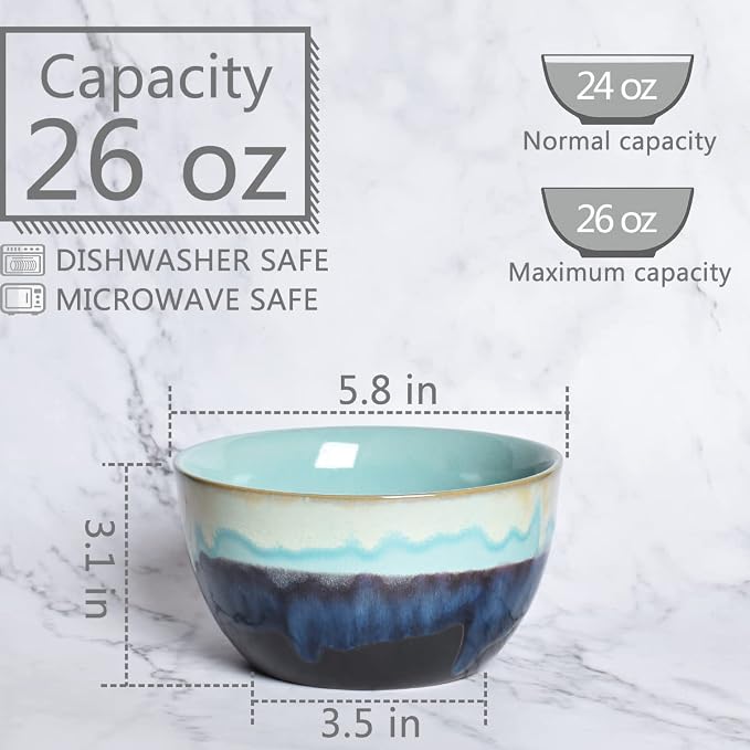 Stoneware Cereal Bowls Set of 4, 26 Oz, Soup Bowls - Image 2