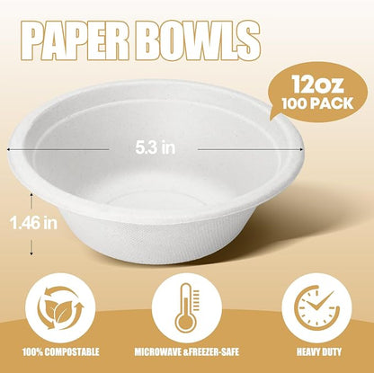 TaidMiao 12 oz, 100 Pack, Paper Bowls Disposable, Compostable | Heavy Duty - Image 5