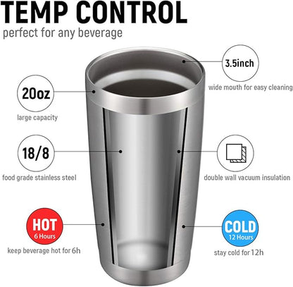 COMOOO 20oz Stainless Steel Tumbler Bulk Double Wall Vacuum Coffee Cup Insulated Travel Mug with Lid and Straw Durable Powder Coated Insulated Coffee Cup for Cold & Hot Drinks (silver, 6 pack