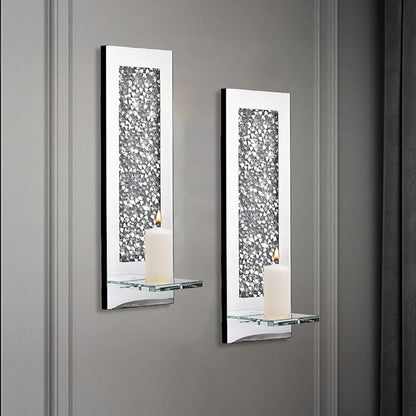 Pibeyer Crystal Crush Diamond Wall Candle holder set of 2, Rectangle Silver Mirrored Candle Sconces, Home Wall decoration for Living Room,Dining Room & Bedroom