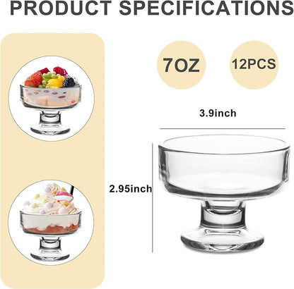 7oz Glass Ice Cream Bowls- Versatile Dessert Bowls & Cups for Mixed Drinks, Desserts, Nuts, Fruit, Pudding & Snacks- Perfect for Parties, Gatherings (12)