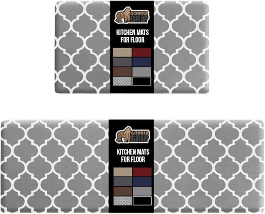 GORILLA GRIP 2 Pack Comfortable Cushioned Kitchen Mats for Floor, 17x29 + 17x59, Waterproof, Stain Resistant, 1/2 Inch Thick Ergonomic Standing Desk Anti Fatigue Mat, Foam Supports Feet, Grey White