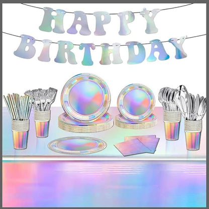 Iridescent Party Supplies, Holographic Paper Plates and Napkins Set, Rainbow Disposable Paper Plates Cups Knives Spoons Fork Straw for Birthday Wedding Party Serve 25 (Iridescent)