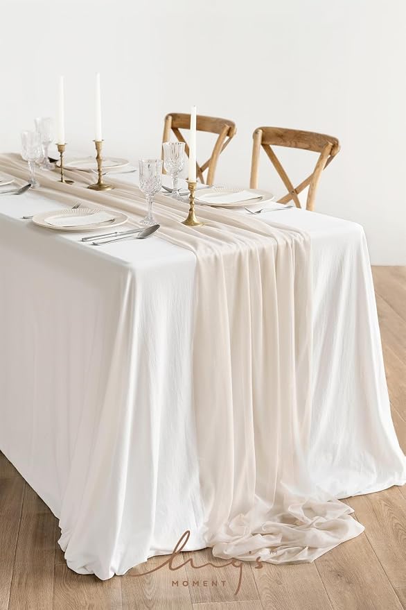 Ling's Moment 14Ft Nude Table Runner, Wedding Sheer Chiffon Table Runners | - Image 2