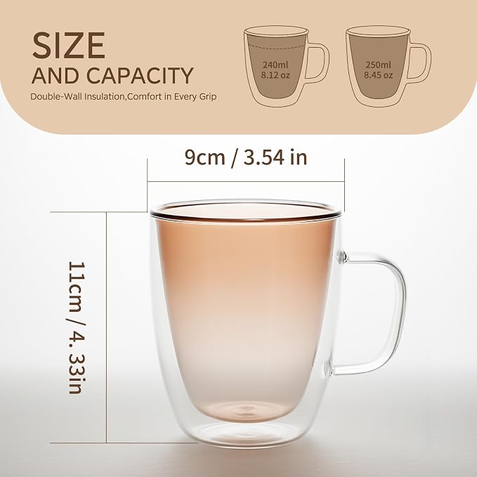 12oz Double Wall Glass Coffee Mugs, heat resistant, - Image 2