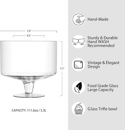 CREATIVELAND Trifle bowl Glass Crystal-Clear Set of 1, 116oz(3.3L), Footed Trifle Bowl with Stand, Trifle dish for decadent dessert like salad, fruit, ice cream, parfait, pudding, Party Bowl