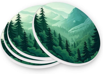 Coasters for Drinks Coaster Drink Set Decorative Coffee Table Desk Cup Mat Spring Cute Cork Bar Backing Round Home Decor Mountain Forest Trees Green07