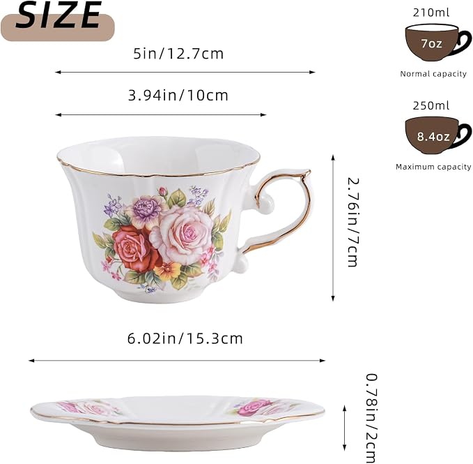 Ceramic Floral Cups with Saucers，7 oz Espresso Cups - Image 2